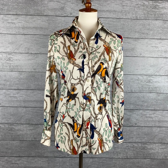 Vintage Tops - Vintage 70's Polyester Button Down Blouse w/ Birds